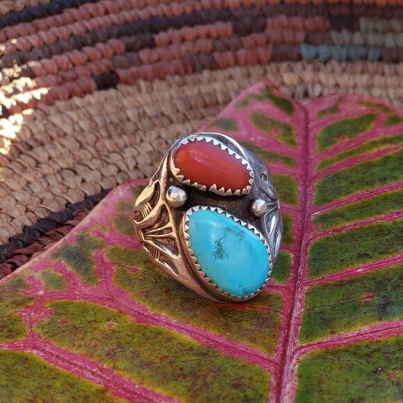 Vintage NA Turquoise Coral Native American Sterling Silver Ring Signed AR RR - Picture 5 of 15